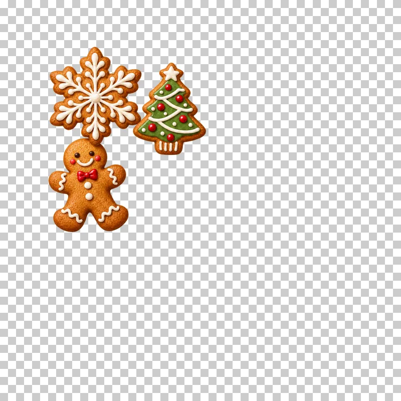 A compact upper-left corner arrangement of snowflake, tree and gingerbread person cookies with clear space below and to the right.
