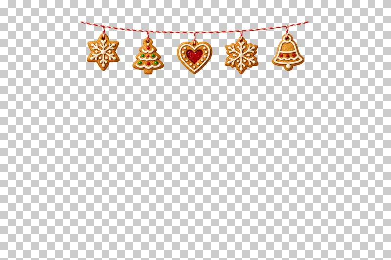 A shallow red and ivory baker-twine garland suspending five different iced Christmas cookies, with clear space below.