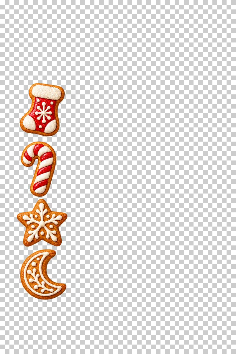 A narrow left-side arrangement of stocking, candy cane, star and crescent cookies, leaving the right side clear.