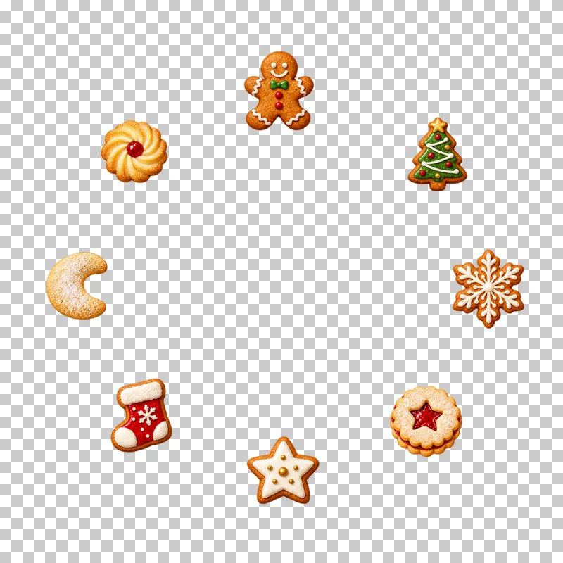 Eight separate Christmas cookies arranged in an open circle around a large transparent center.