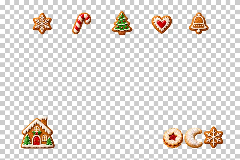 A landscape message frame with five small cookies across the top, a gingerbread house at lower left and three biscuits at lower right.