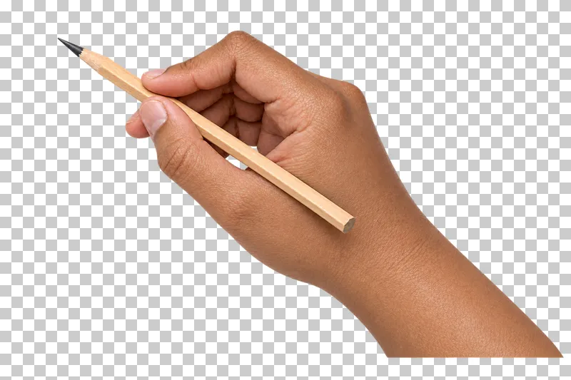 A medium-brown hand holds a sharpened natural-wood graphite pencil in a writing grip.