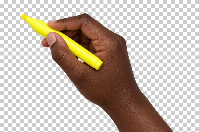 A deep-brown hand holds an uncapped yellow chisel-tip highlighter.