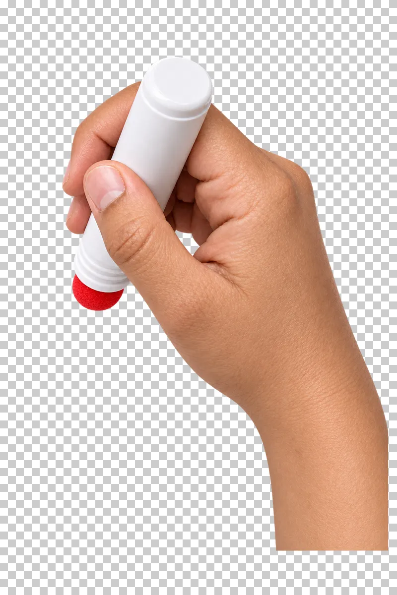 A light-medium hand grips a white dot marker with an exposed round red sponge tip.