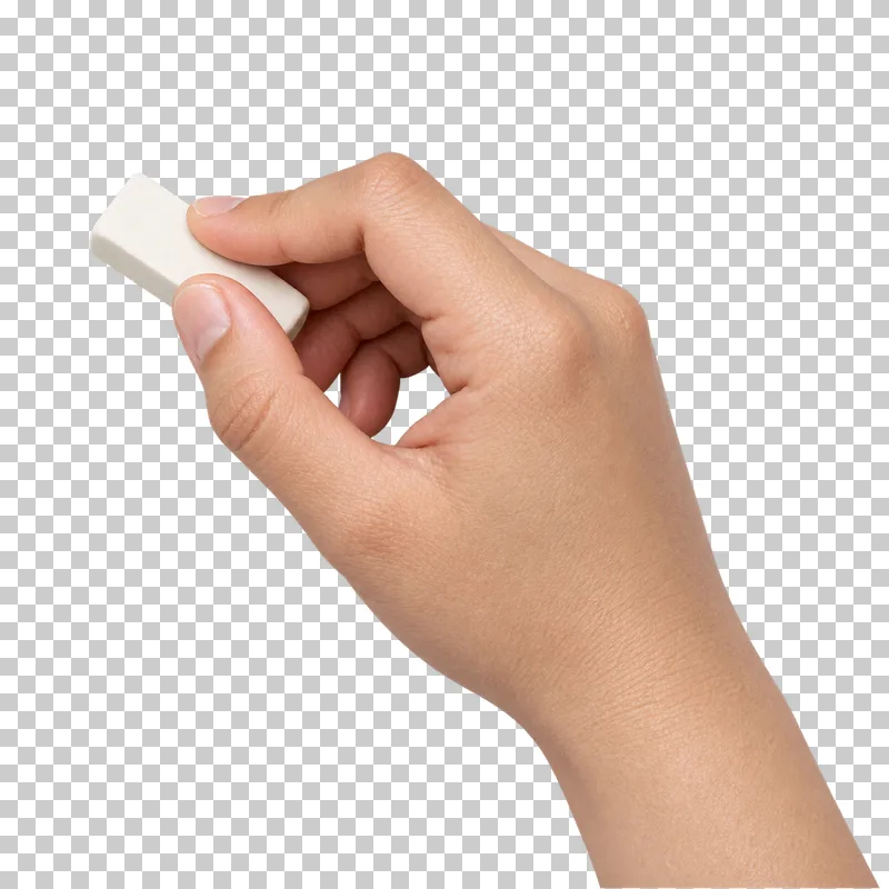 A light hand presses a small rectangular white eraser.