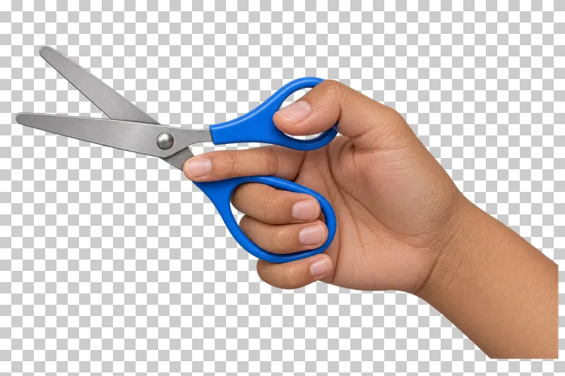 A light-medium hand holds open rounded-tip scissors with blue finger loops.