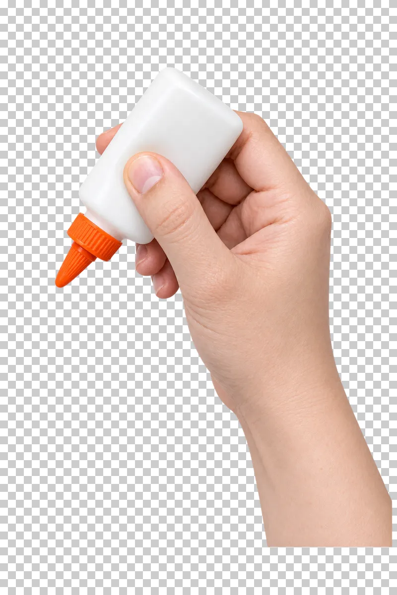 A light hand squeezes an unmarked white glue bottle with an orange nozzle.