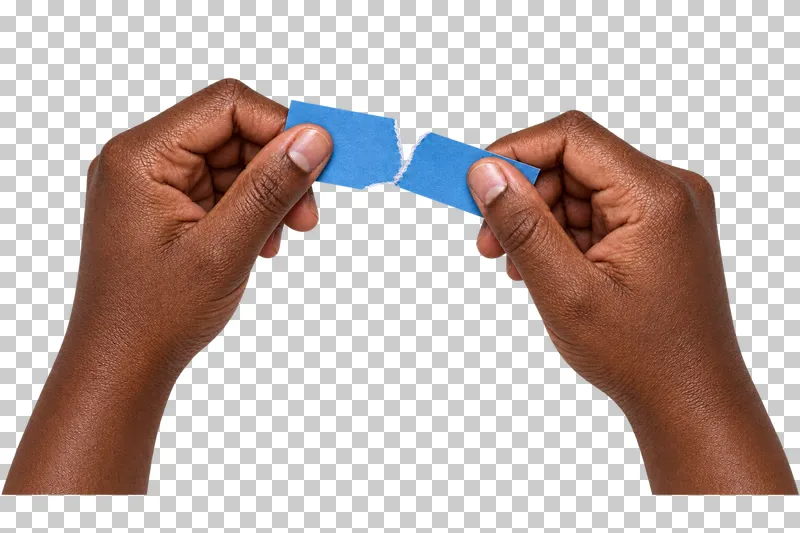 Two deep-brown hands pull apart a blue paper strip with a ragged central tear.