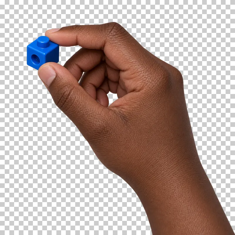 A deep-brown hand positions one blue interlocking counting cube.