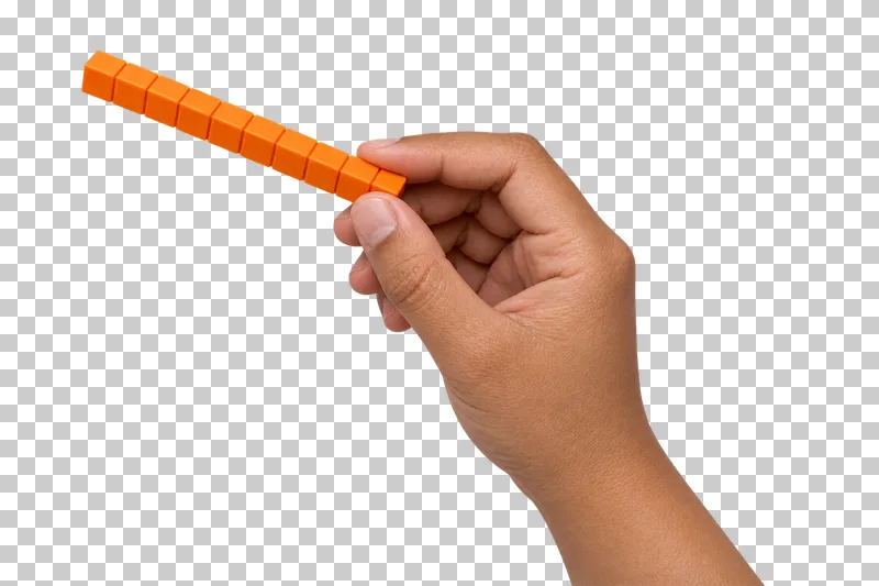 A light-medium hand holds an orange base-ten rod with ten visible sections.