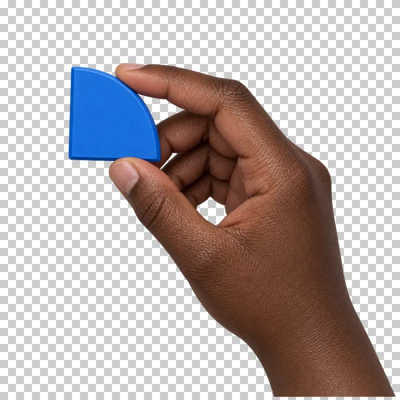 A deep-brown hand holds a blue quarter-circle fraction tile.