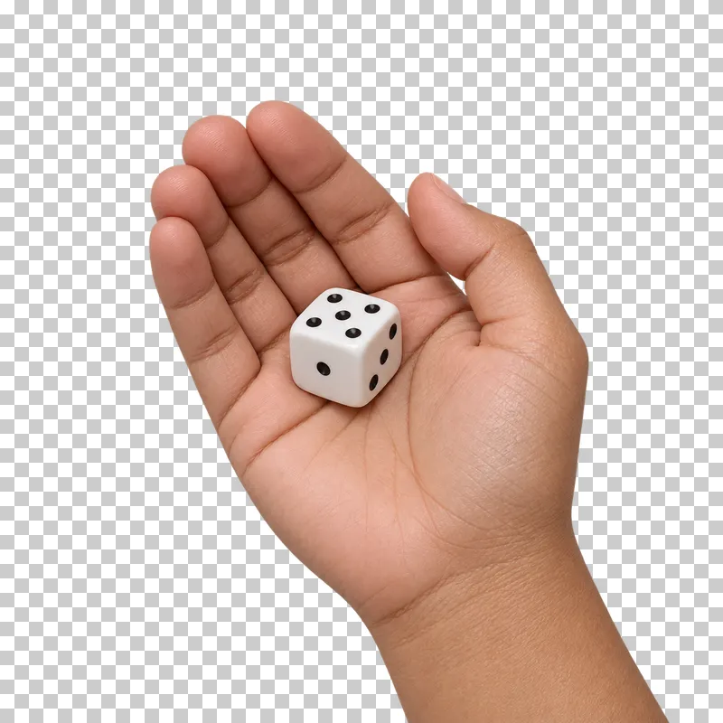 A light-medium cupped hand offers a white die showing five, one and three pips.
