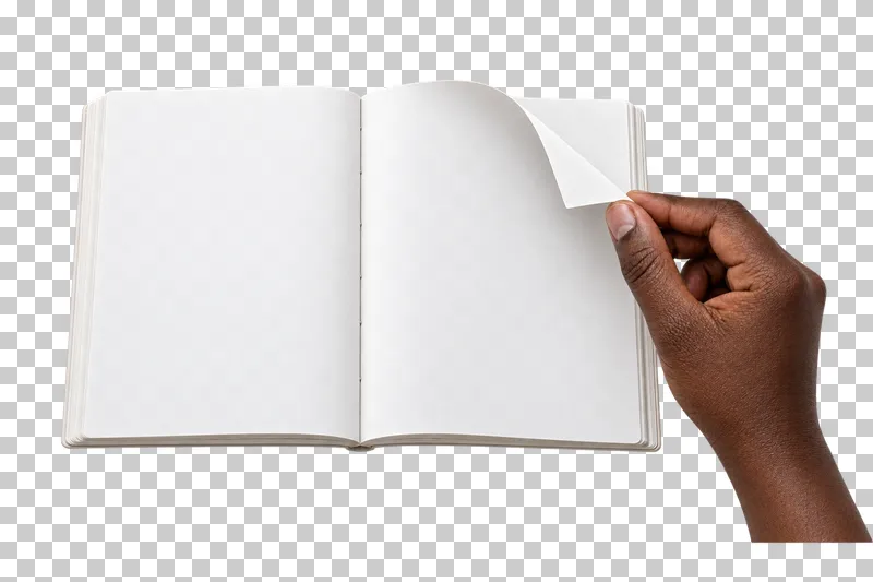 A deep-brown hand turns one blank page of an open unmarked workbook.
