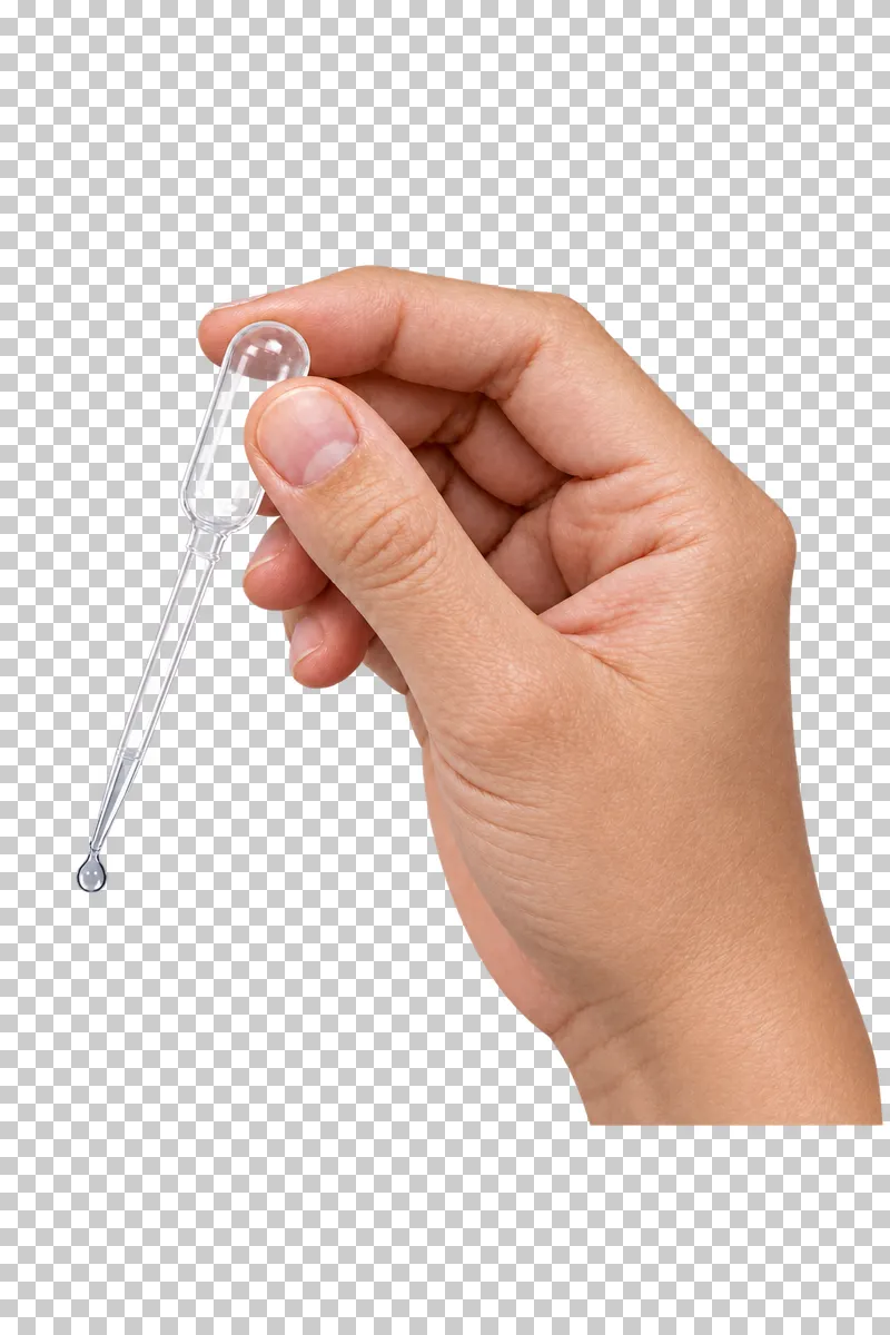 A light hand holds a clear transfer pipette with a single attached water drop.