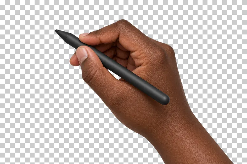 A deep-brown hand holds a plain dark digital stylus in a writing grip.