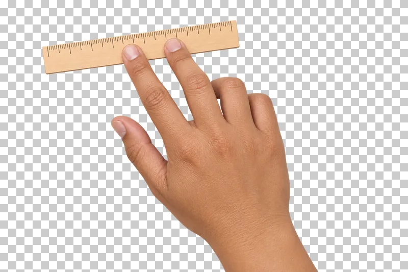 A light-medium hand steadies a short wooden ruler with two fingertips on its top face.