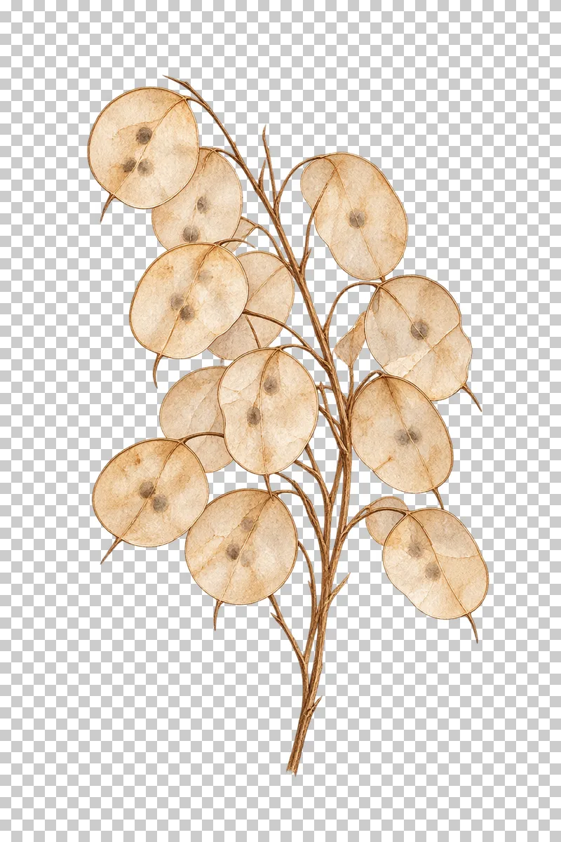 A branching lunaria stem with warm ivory papery discs, veins and visible seed marks.