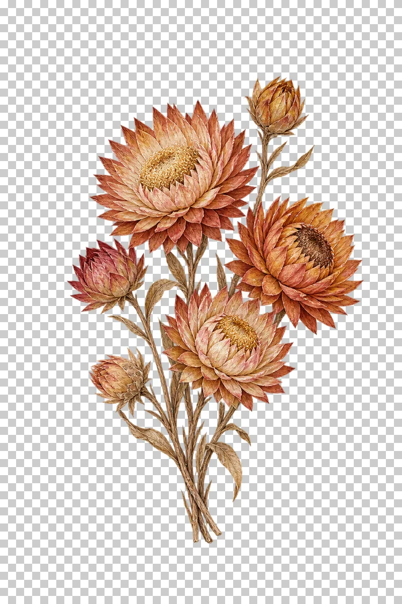 A rust and ochre strawflower spray with pointed layered papery bracts, buds and dry leaves.