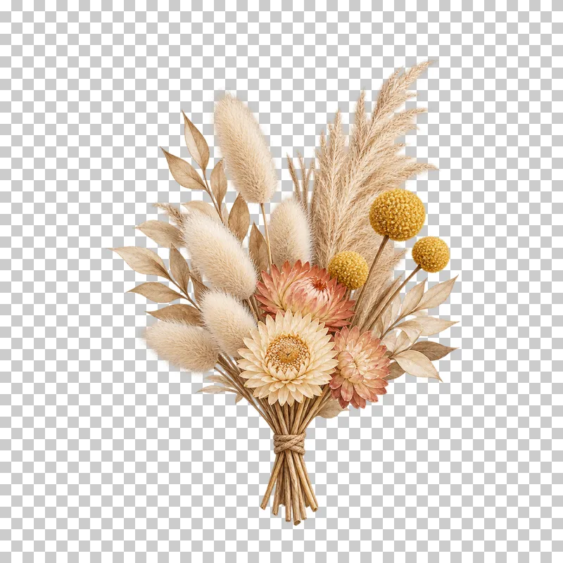 A compact twine-tied posy of strawflowers, bunny tails, craspedia, ruscus and short pampas.