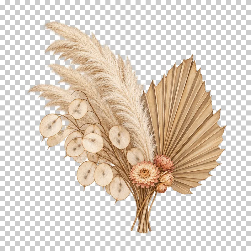 A fan bouquet of pleated palm, lunaria discs, pampas and a small strawflower node on gathered stems.