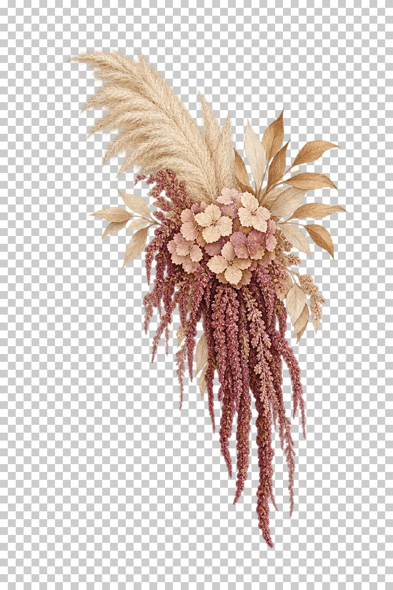 A dried hydrangea, ruscus and pampas bouquet tapering into long irregular amaranthus tassels.