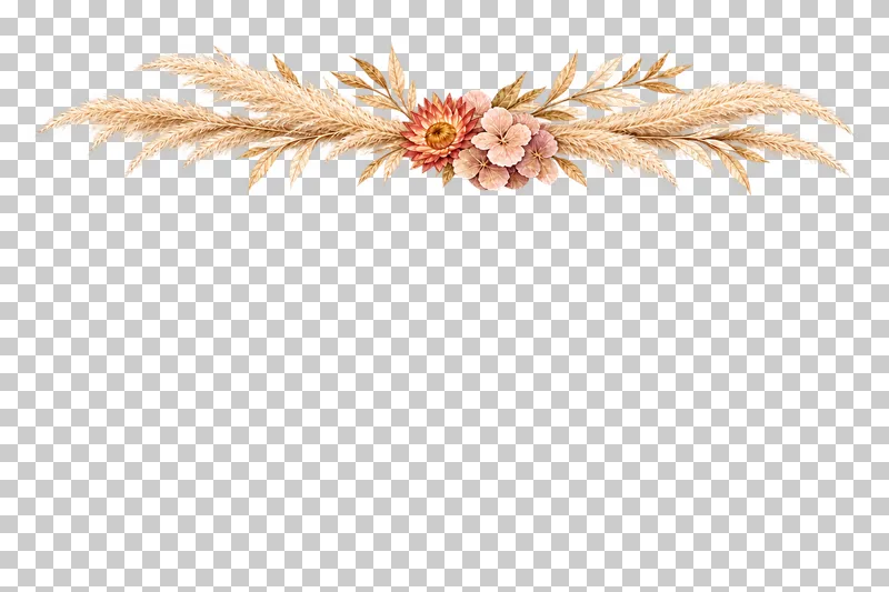 A shallow horizontal pampas and ruscus header with a small central strawflower and hydrangea node.