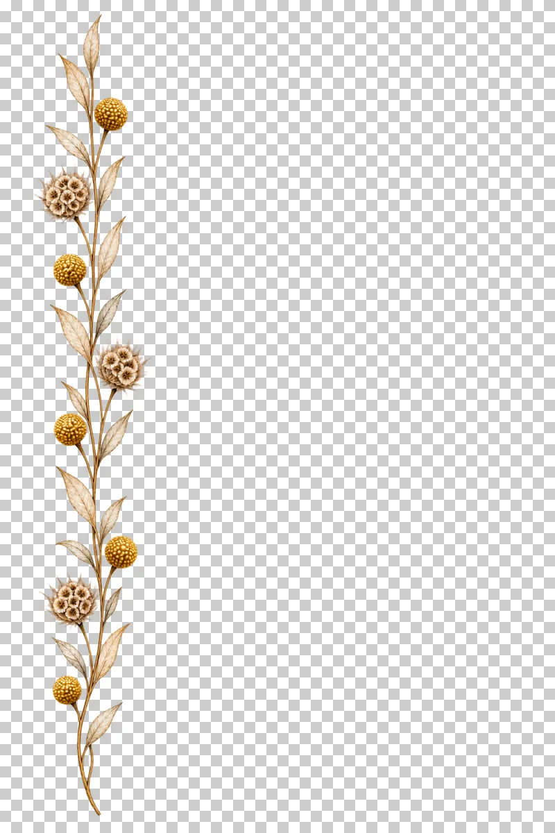 A fine winding ruscus left border with miniature mature scabiosa cup clusters and ochre craspedia.