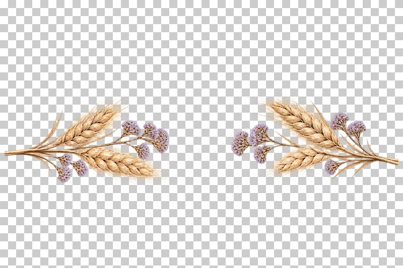Two independently drawn inward-facing wheat and statice sprigs separated by a clear central gap.
