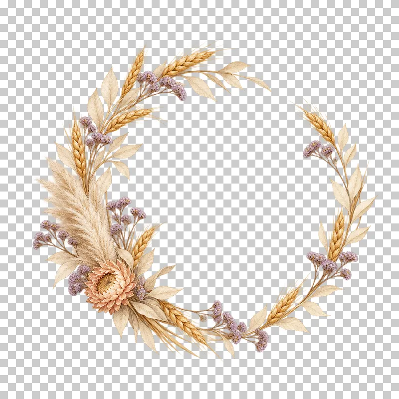An open near-circular wheat, statice and ruscus wreath with a strawflower and pampas node and upper-right break.