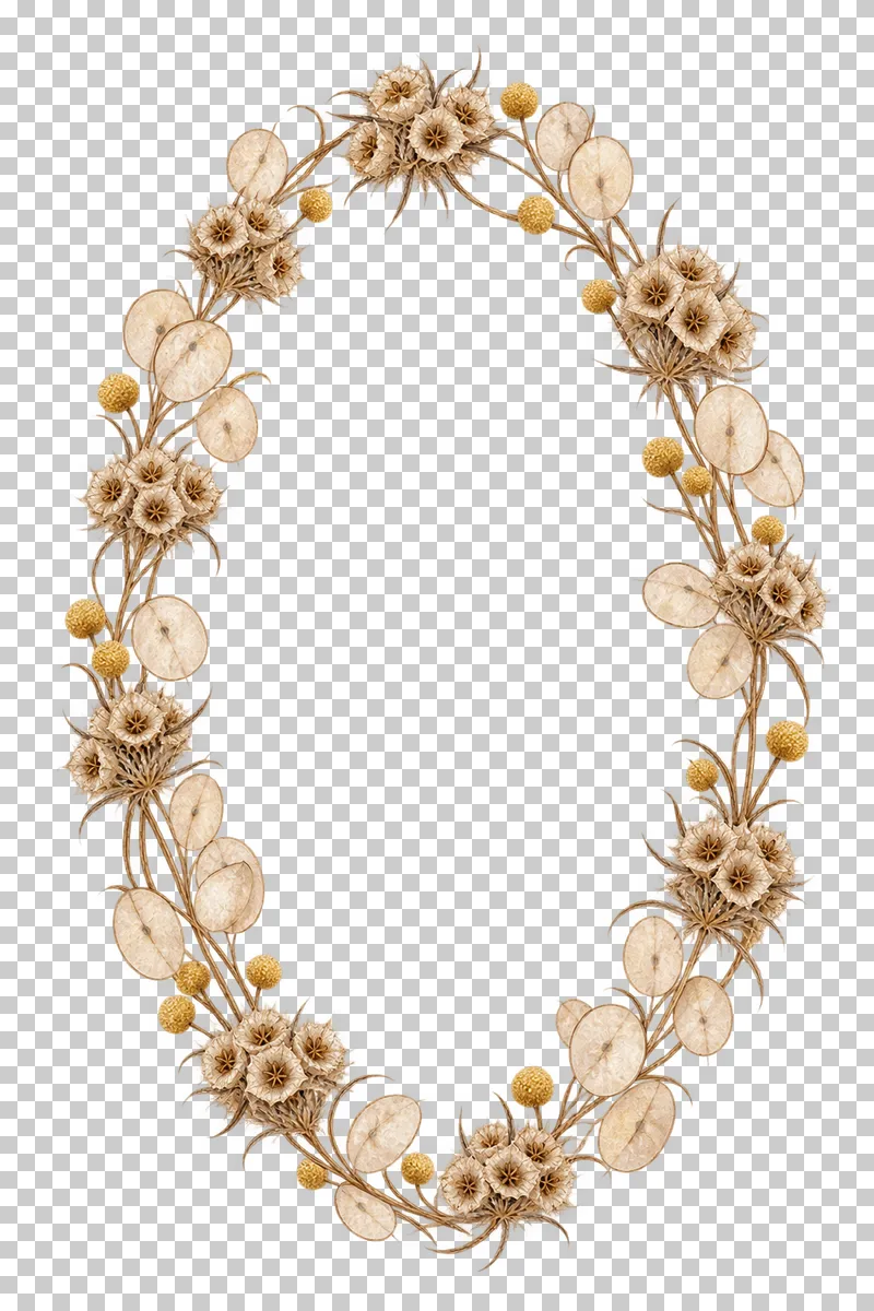 A tall narrow oval wreath of fine scabiosa cup clusters, lunaria membranes and sparse craspedia.