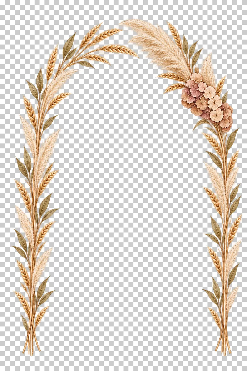 A rounded wheat and ruscus arch with a small asymmetric pampas and hydrangea shoulder and open bottom.