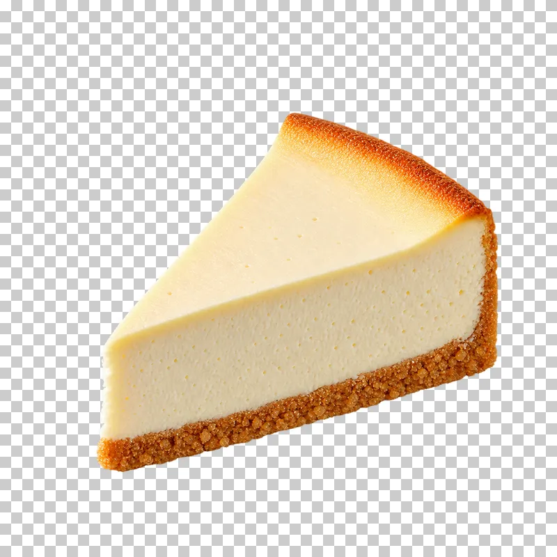 Unplated New York cheesecake wedge with ivory filling and a golden crumb base, isolated on transparency