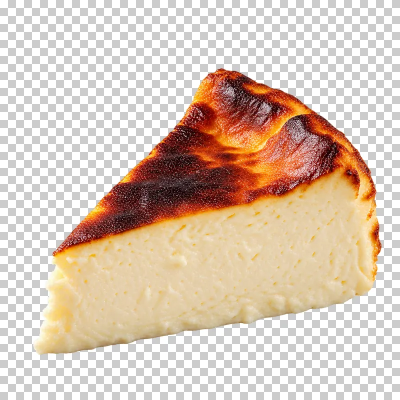 Crustless Basque cheesecake wedge with a dark browned top and creamy cut face, isolated on transparency