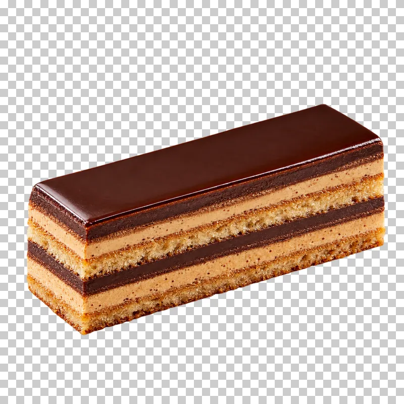 Rectangular opera cake portion with sponge, coffee cream and chocolate layers beneath a glossy glaze