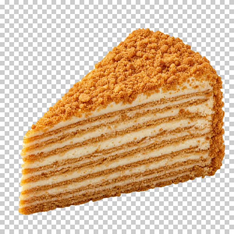 Medovik honey cake wedge with many thin biscuit and cream layers and a golden crumb coating