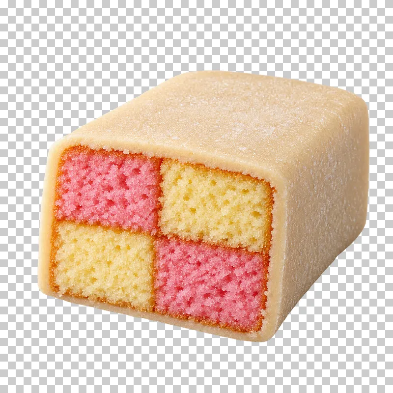 Battenberg cake slice with four pink and yellow sponge squares enclosed in beige marzipan