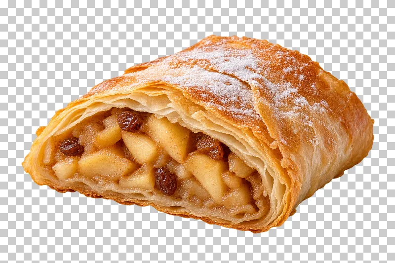 Flaky apple strudel portion with one cut end showing apple and raisins, isolated on transparency