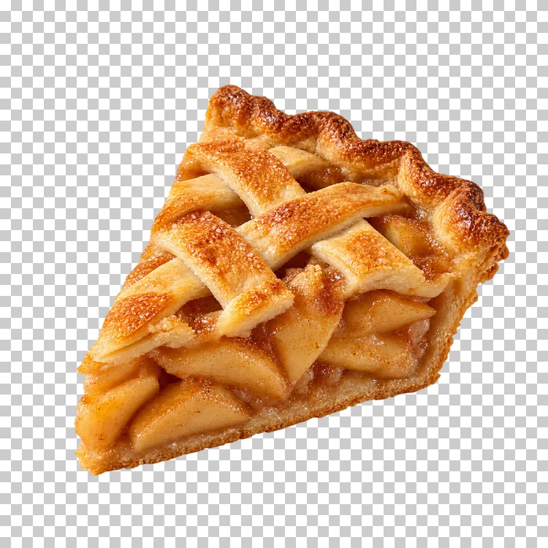 Unplated lattice apple pie wedge with crimped pastry crust and visible cooked apple filling