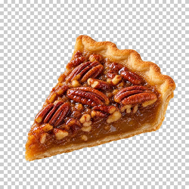 Unplated pecan pie wedge with toasted pecan halves and glossy caramel filling