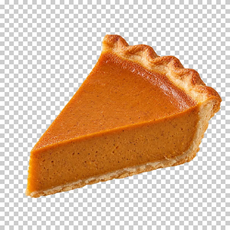Unplated pumpkin pie wedge with orange custard filling and a crimped pastry shell