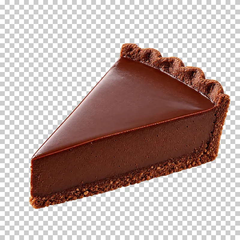 Chocolate tart wedge with a dark pastry shell and thick chocolate filling beneath a satin top