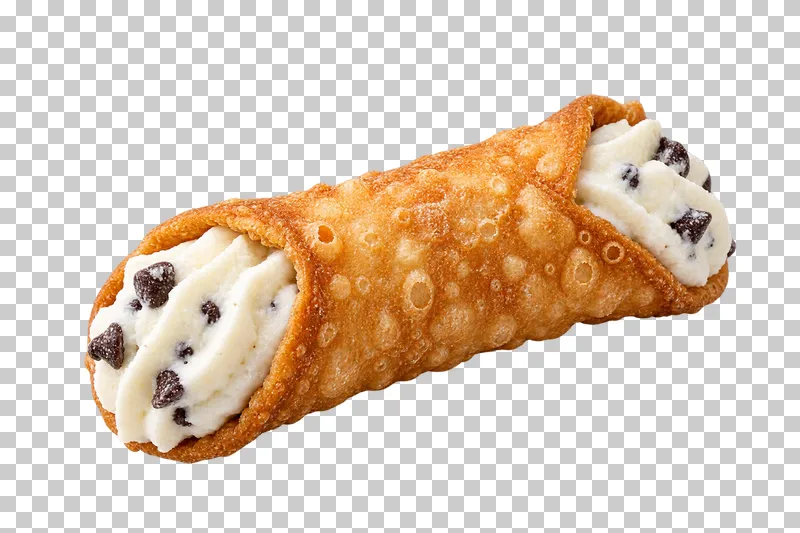 One ricotta-filled cannoli with a blistered pastry shell and embedded chocolate pieces at both ends