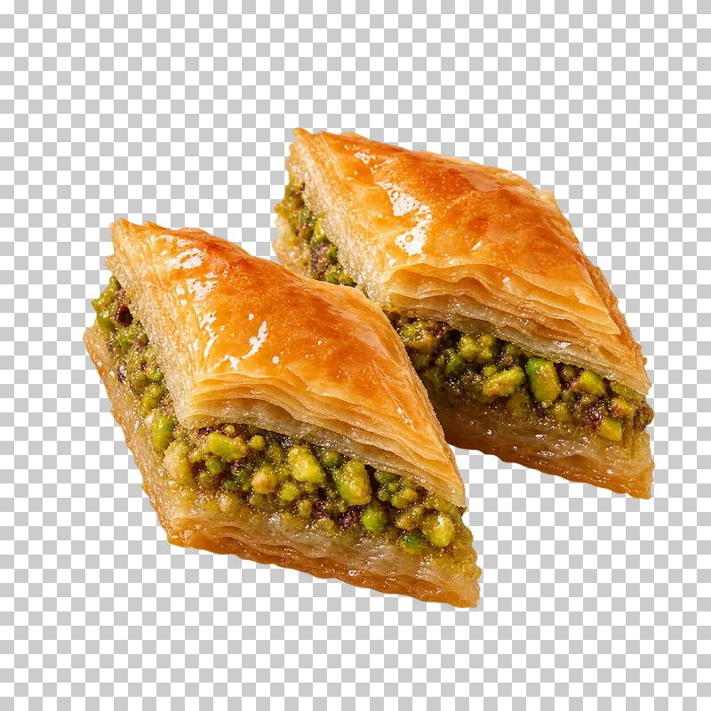 Two pistachio baklava diamond portions with thin phyllo pastry layers and a syrup sheen