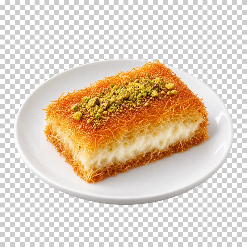 Rectangular kunafa portion with golden shredded pastry, a cheese layer and pistachios on a white plate
