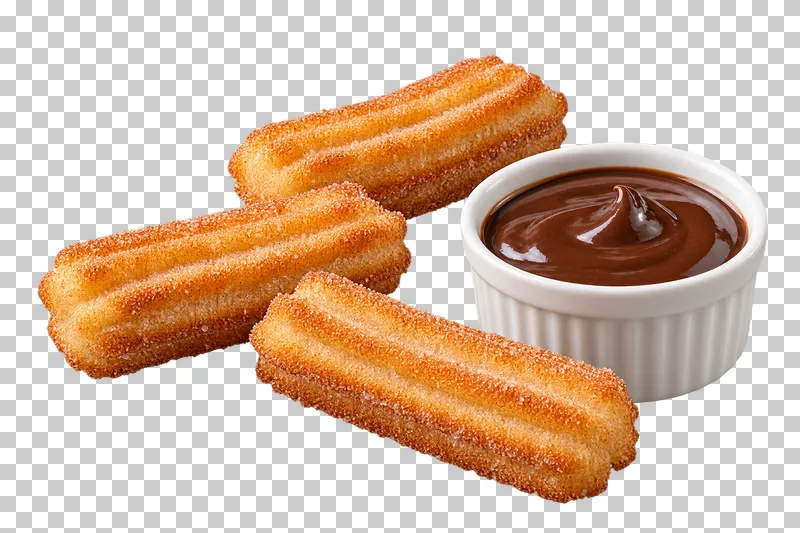 Three ridged sugar-coated churros beside one white ramekin of chocolate dip