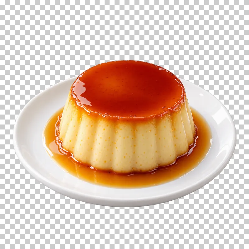 Fluted caramel flan with an amber sauce pool on a small white dessert plate