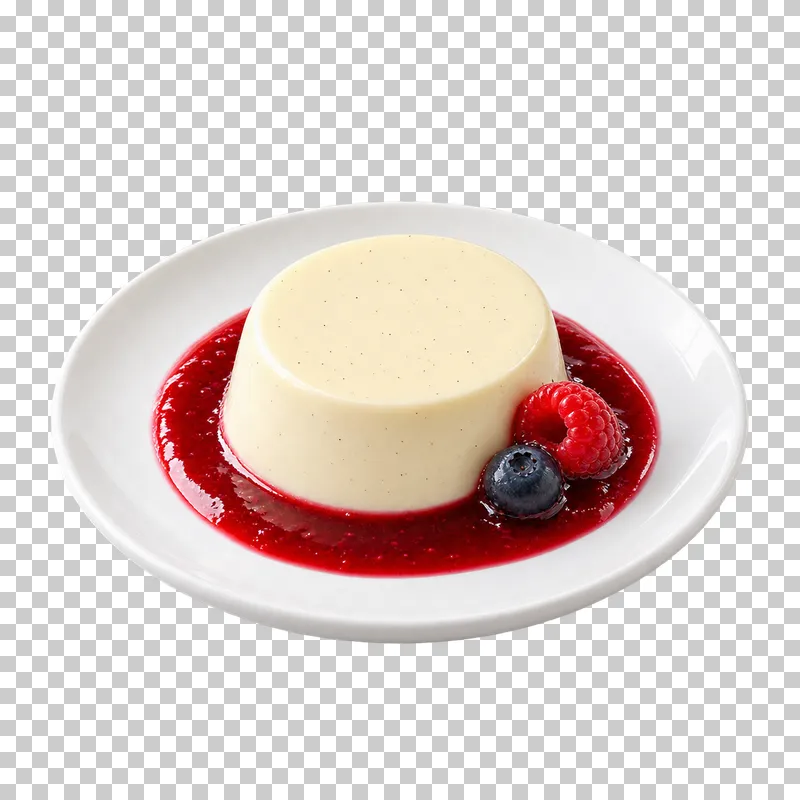 Ivory panna cotta with red berry coulis, one raspberry and one blueberry on a white plate