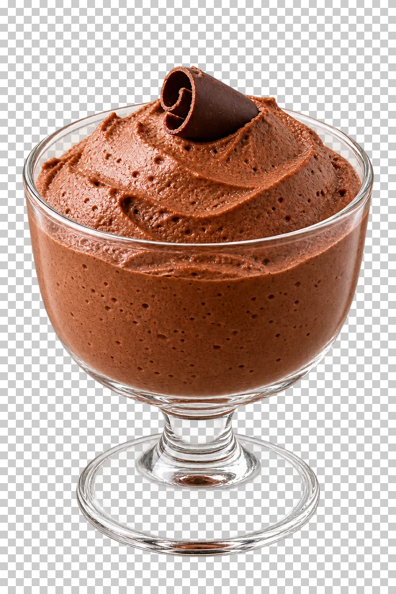 Chocolate mousse with one chocolate curl in a short-stem clear dessert glass