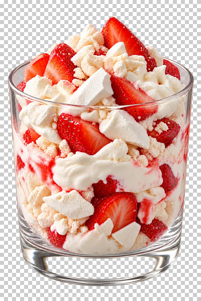 Eton mess with strawberries, whipped cream and irregular meringue pieces in a clear tumbler