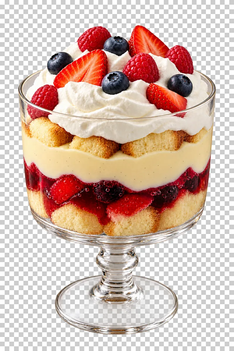 Layered English trifle with sponge, red berry jelly, vanilla custard, cream and berries in a stemmed glass